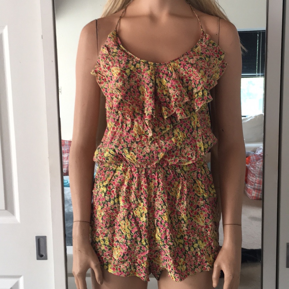 Great Yellow Floral Halter Ruffle Front Romper